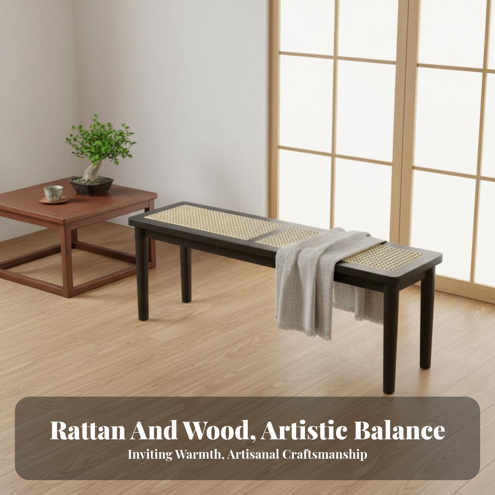 Woven Top Wooden Bench Sturdy  - Interior Design Japanese recensie en prijs